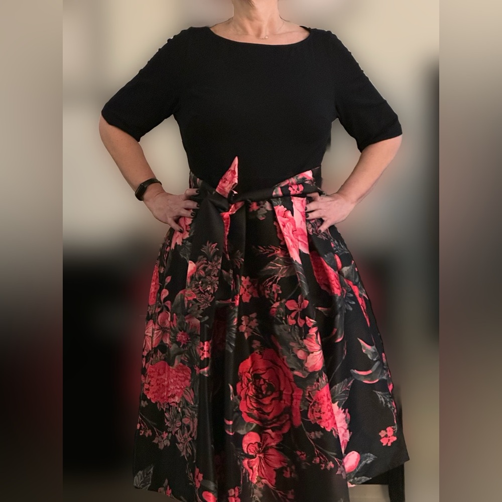 Eshakti Black dress full pink black grey floral skirt w belt 1X 18W